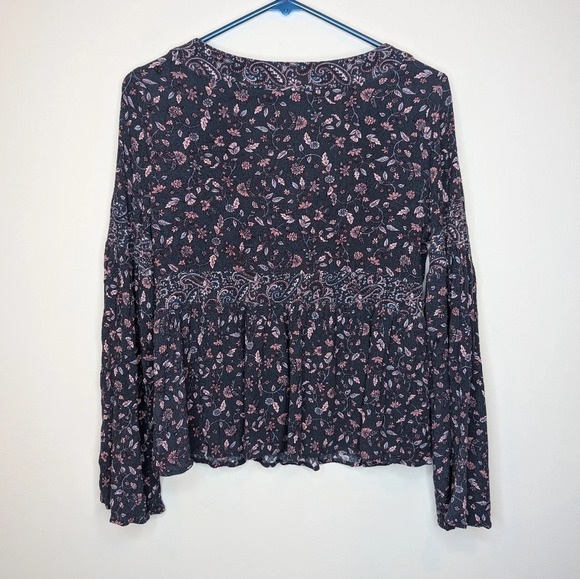 Aeropostale Y2K Navy Pink Floral Long Bell Sleeve Hippie Fit Flair V  Neck Top M - Picture 2 of 9